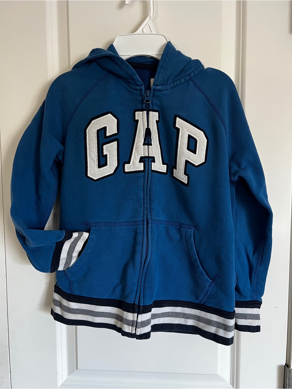 GAP Blue Logo Zip-Up Hoodie with Striped Trim